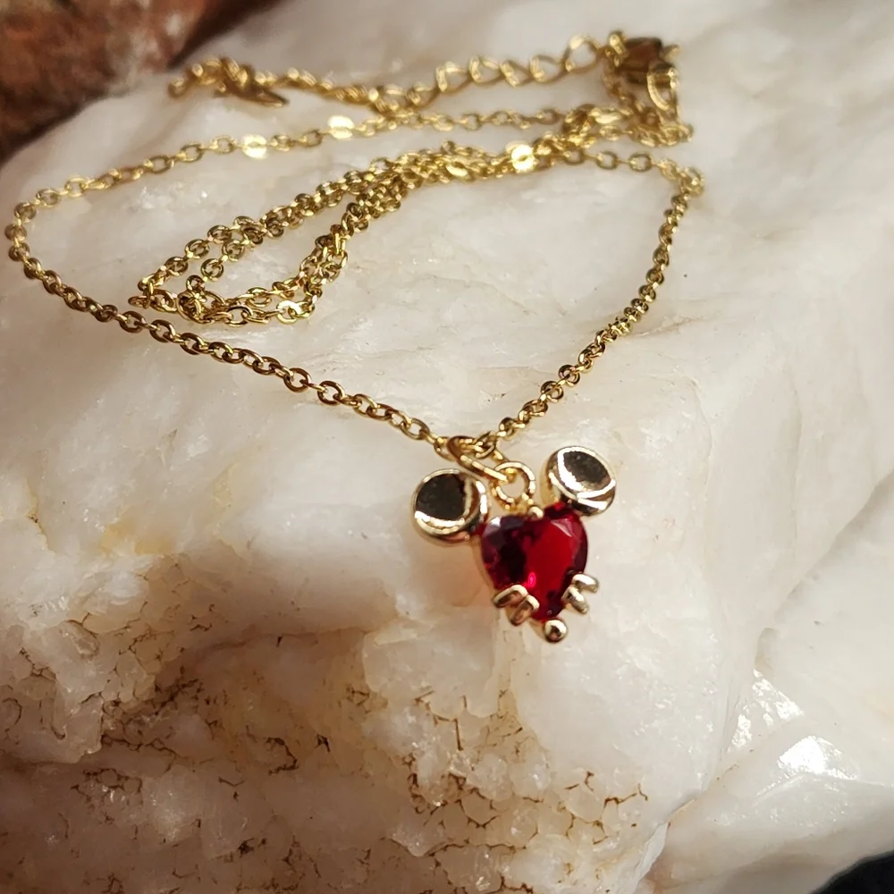 Mickey Mouse Red Heart Swarovski Crystal Luxury 14K Gold Plated Chain